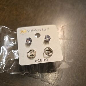 Stainless Steel Earrings Set with Purple and Silver Tones